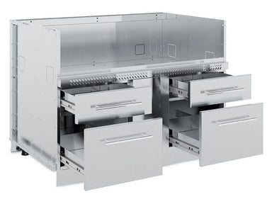 Broil King Imperial S 690iH stainless steel outdoor kitchen cabinet featuring four storage drawers with stylish pull handles.
