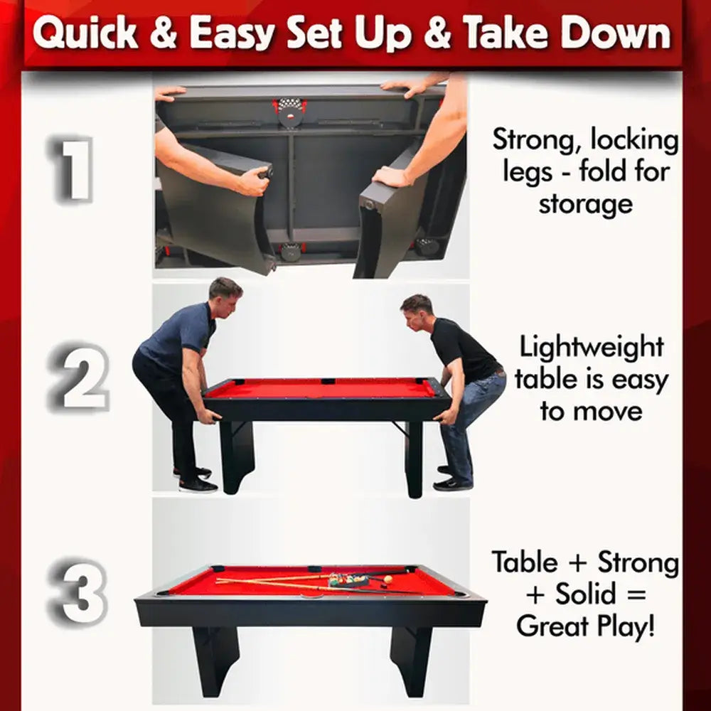 Quick and easy setup of the Freetime Fun Ashford 6' Pool Table with strong, folding legs for easy storage