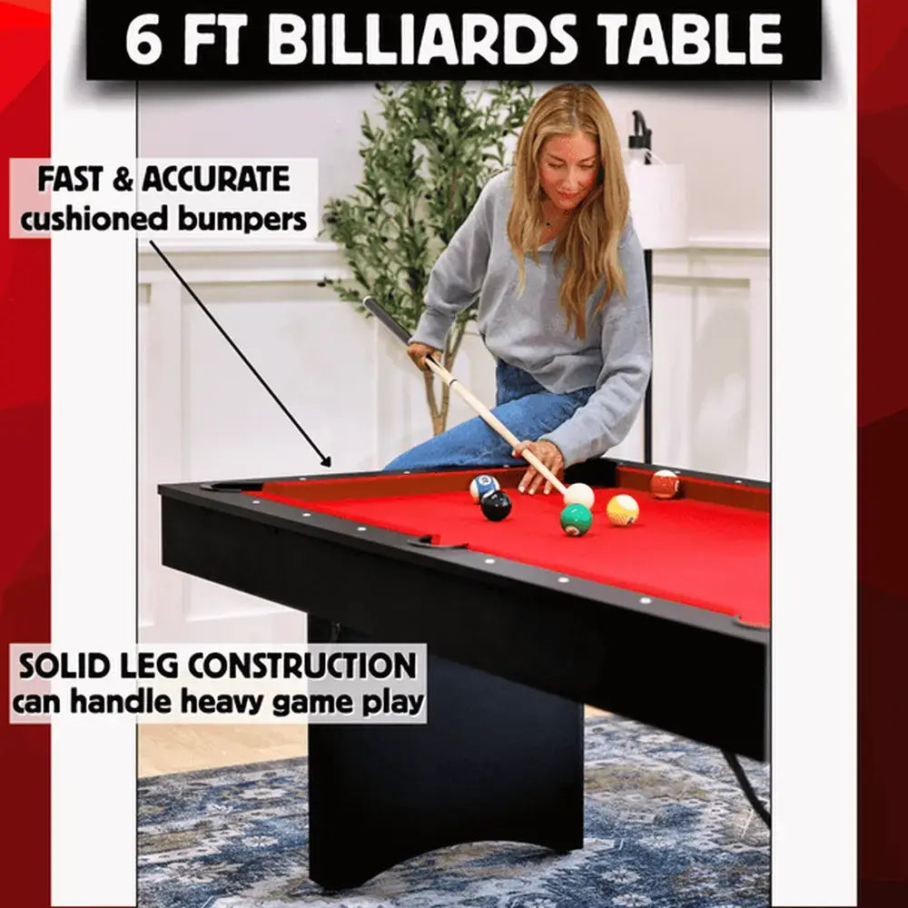 Woman playing on Freetime Fun Ashford 6' Pool Table with fast, accurate cushioned bumpers and solid leg construction