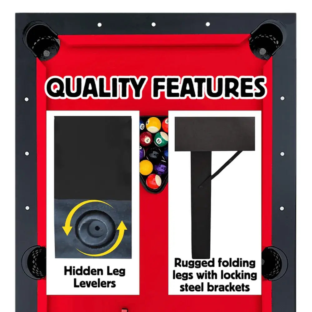 Quality features of Freetime Fun Ashford pool table: hidden leg levelers and rugged folding legs with locking steel brackets