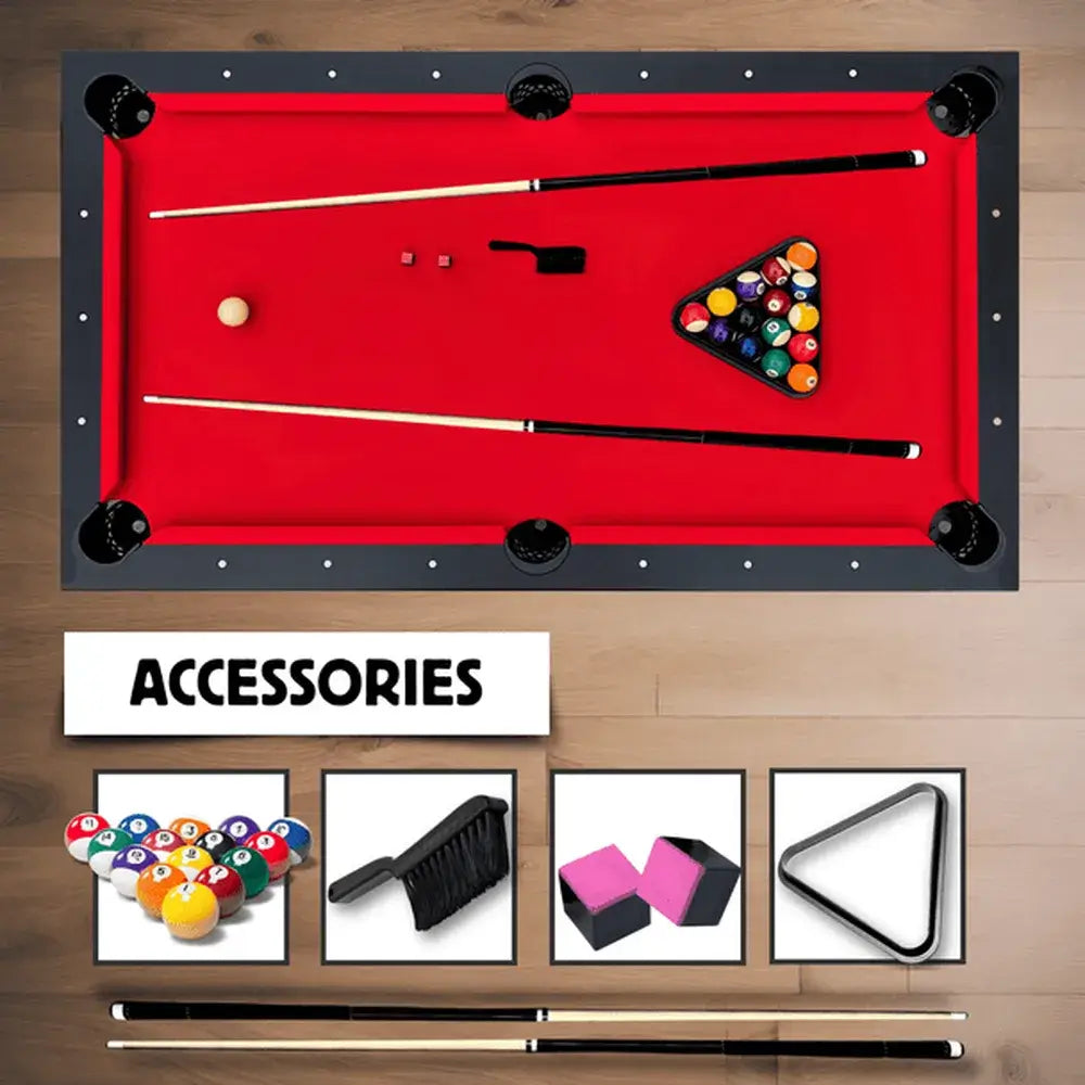 Accessories included with Freetime Fun Ashford 6ft Pool Table: full set of balls, 2 cues, brush, chalk, and triangle