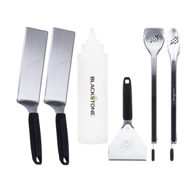 Blackstone 6-Piece Griddle Tool Kit with Stainless Steel Spatulas, Tongs, Scraper, and Squeeze Bottle – Essential Griddle Accessories for Outdoor Cooking