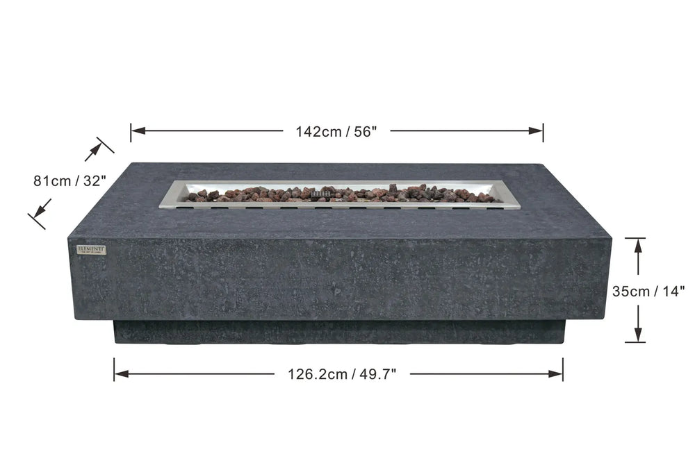 Dimensions for Elementi Hampton OFG139DG Fire Table 56" Dark Gray and 14 inch wide tank cover.