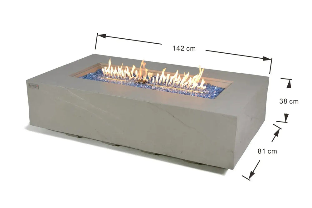Technical dimension diagram for the Elementi Plus OFG410SG Meteora fire table, indicating a length of 142 cm, width of 81 cm, and height of 35 cm.