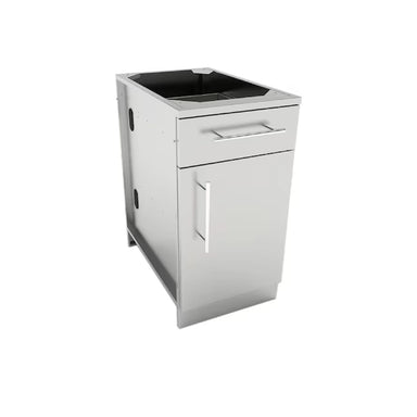 Rear perspective of the Sunstone SBC18CSDR cabinet showing the pre-drilled utility knockouts for easy plumbing and electrical installation in an outdoor kitchen island.