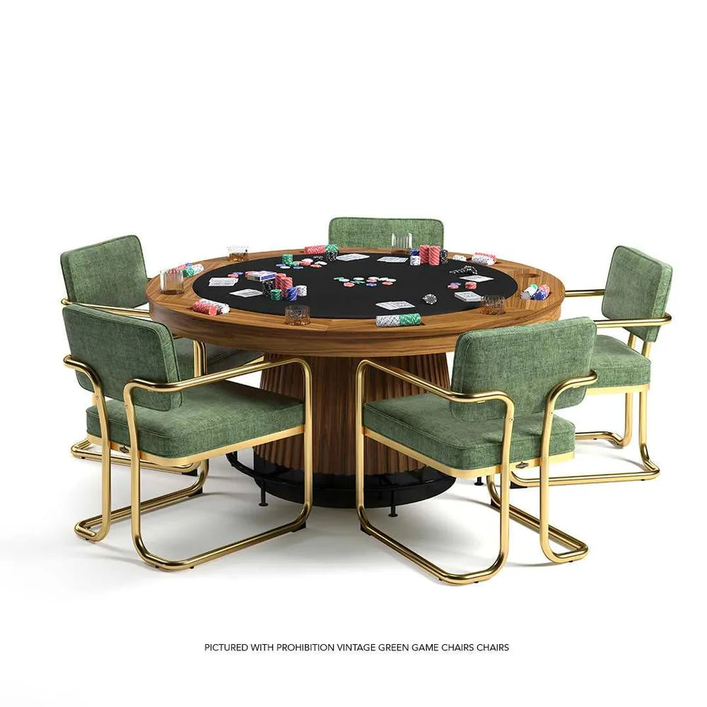 RAM Game Room PRO60TBL-W walnut poker table with green chairs and chips