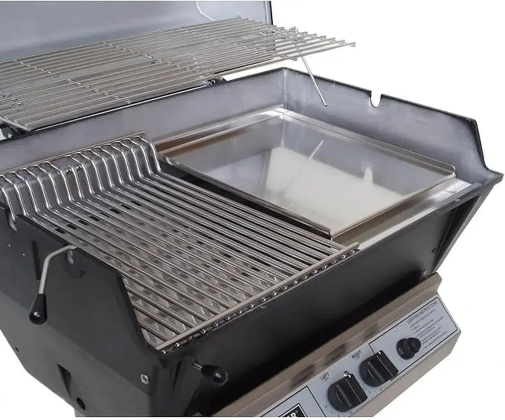 Close-up view of the stainless steel half griddle and half cooking grate accessory for the Broilmaster gas grill