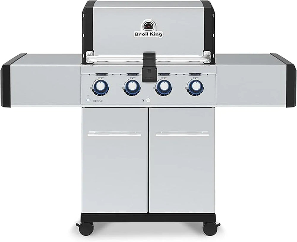 Broil King Regal S 420 Pro stainless gas grill, front view with four blue-lit control knobs and dual cabinet doors