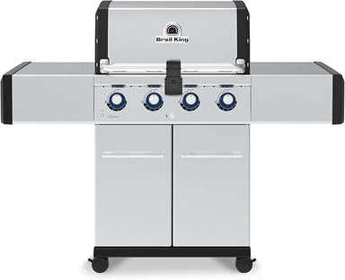 Broil King Regal S 420 Pro stainless gas grill, front view with four blue-lit control knobs and dual cabinet doors