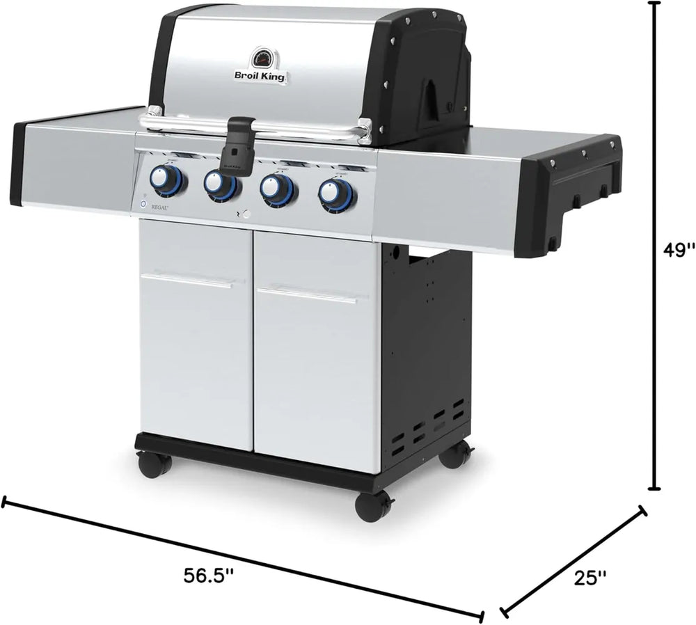 Broil King Regal S 420 Pro gas grill with dimensions shown, 56.5-inch width, 25-inch depth, 49-inch height
