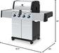 Broil King Regal S 420 Pro gas grill with dimensions shown, 56.5-inch width, 25-inch depth, 49-inch height