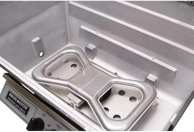 Interior view of the heavy-duty Broilmaster grill body showing the unique butterfly-shaped gas burner inlet