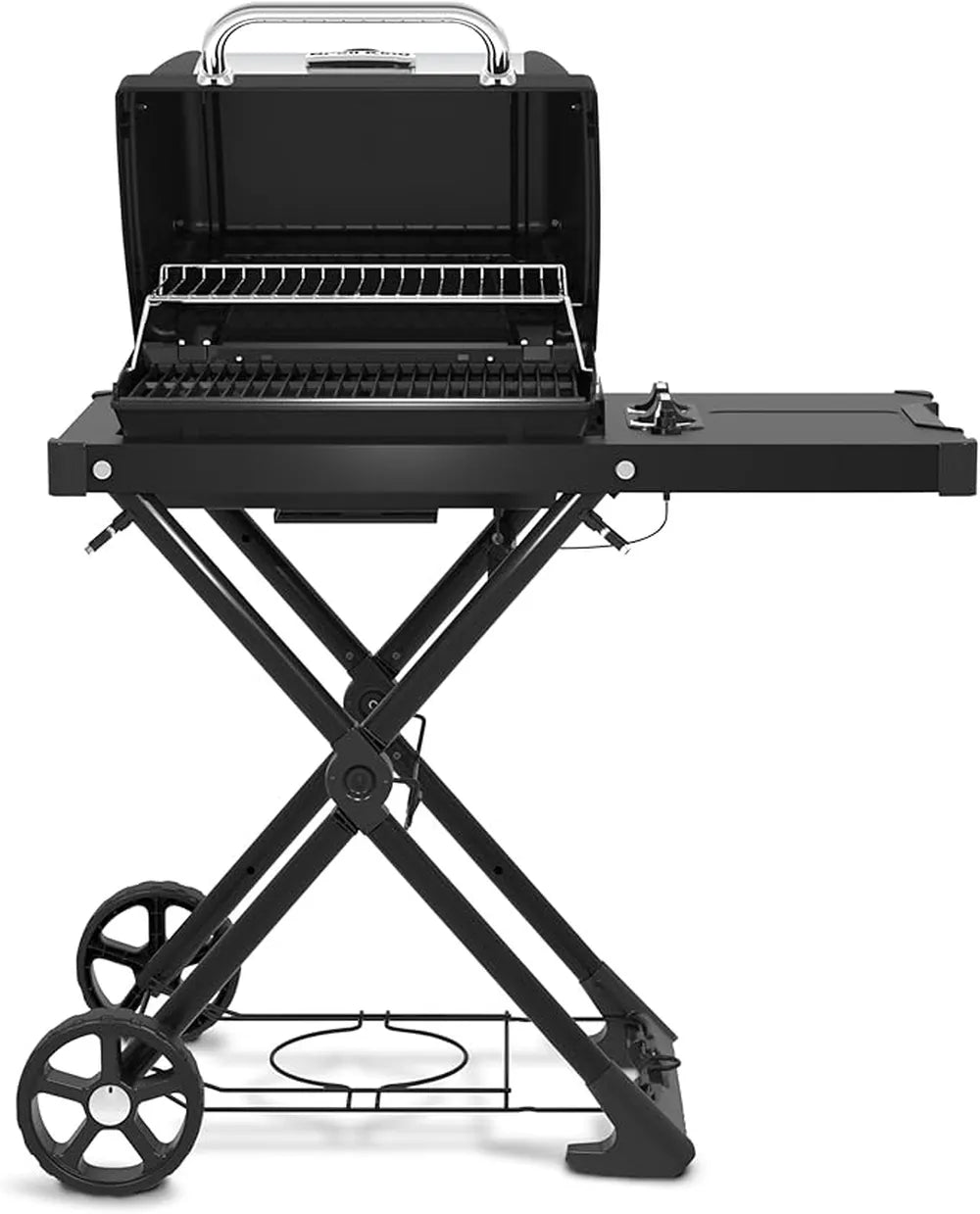 Broil King Porta-Chef AT220 portable gas grill with lid open, revealing the cooking grates and upper warming rack on a collapsible black cart with wheels and side shelf.