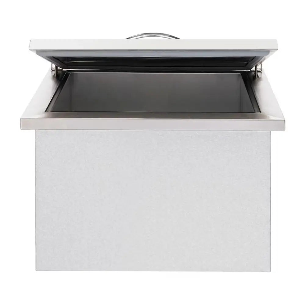 Summerset built-in drop-in cooler with the stainless steel lid partially open, showing the deep well.