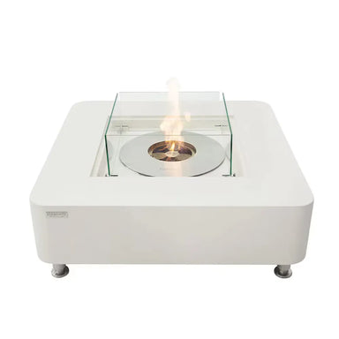 Lit Elementi ECG02CW Perth Ethanol Fire Table 43k BTU with linear orange flames on a white background.