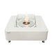 Lit Elementi ECG02CW Perth Ethanol Fire Table 43k BTU with linear orange flames on a white background.