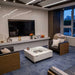 Lit Elementi ECG02CW Perth Ethanol Fire Table 43k BTU on a coastal infinity pool terrace at dusk.