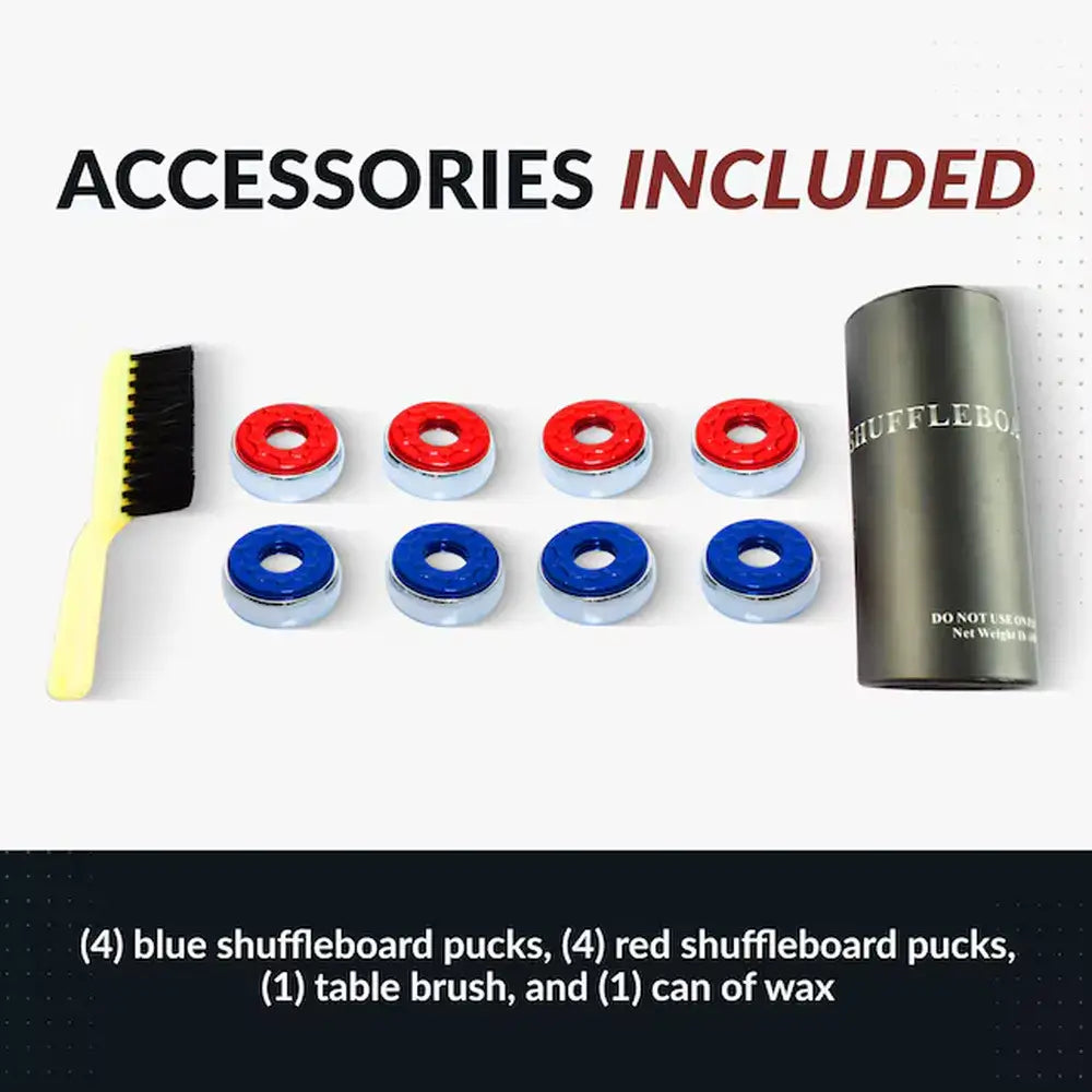 Accessories included: 4 red shuffleboard pucks, 4 blue shuffleboard pucks, 1 table brush, and 1 can of shuffleboard wax.