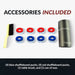 Accessories included: 4 red shuffleboard pucks, 4 blue shuffleboard pucks, 1 table brush, and 1 can of shuffleboard wax.