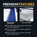 Premium features of the Hathaway Crestline shuffleboard: gloss white cabinet, blue impact-resistant gutter cloth, 1.25-inch weatherproof composite playfield, and built-in scoring units.