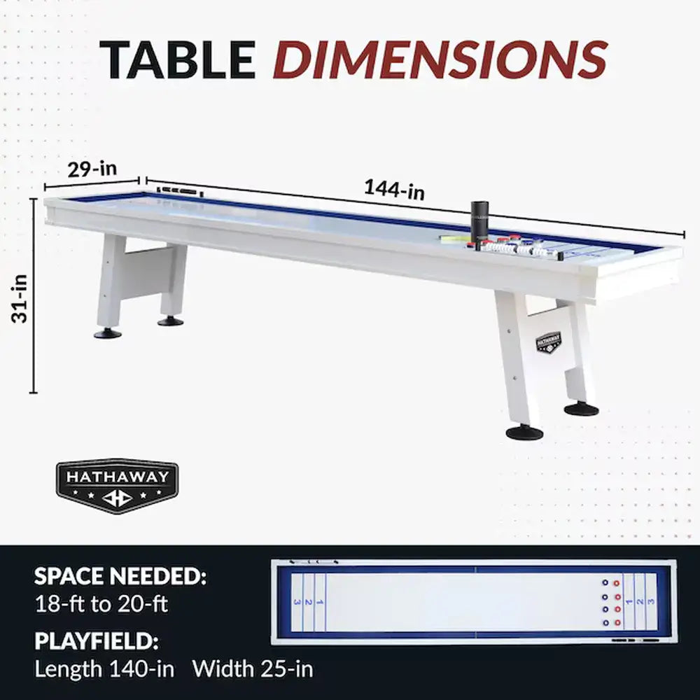 Hathaway Crestline 12-ft outdoor shuffleboard table with overall dimensions (144 inches long, 31 inches high, 29 inches wide) and playfield dimensions (140 inches long, 25 inches wide).