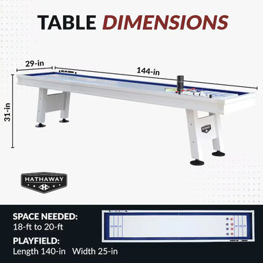 Hathaway Crestline 12-ft outdoor shuffleboard table with overall dimensions (144 inches long, 31 inches high, 29 inches wide) and playfield dimensions (140 inches long, 25 inches wide).