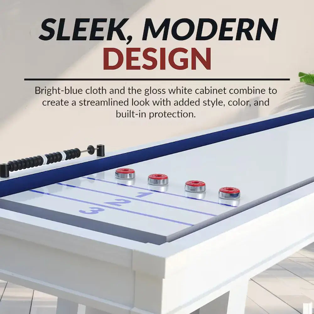 Close-up of the sleek, modern design of the Hathaway Crestline shuffleboard with its gloss white cabinet and bright-blue cloth trim.