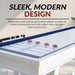 Close-up of the sleek, modern design of the Hathaway Crestline shuffleboard with its gloss white cabinet and bright-blue cloth trim.