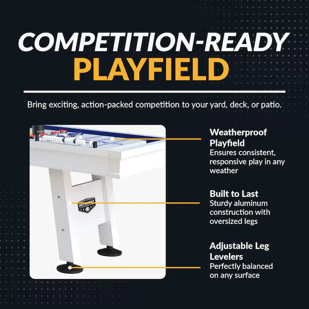 Detail of the Hathaway Crestline table showing the weatherproof playfield, sturdy aluminum construction, and adjustable leg levelers for a competition-ready setup.