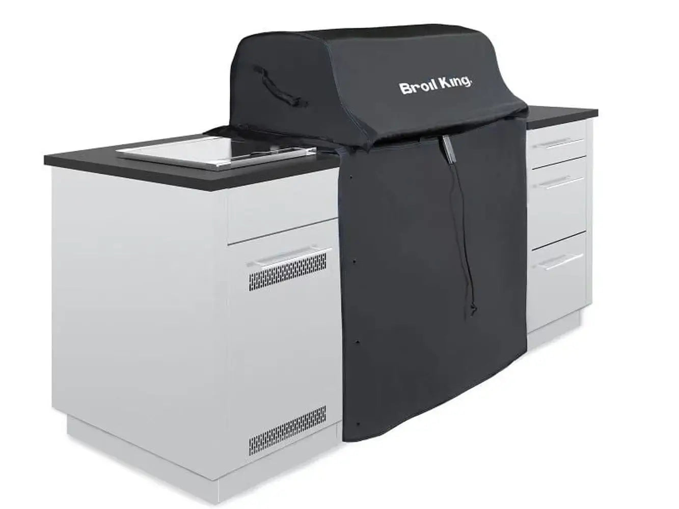 Broil King 68590 grill cover for 600 Series, shown over a grill in a white outdoor kitchen setup.
