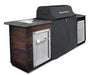 Broil King 68590 grill cover for 600 Series protecting a built-in grill in a wood-style outdoor kitchen island.