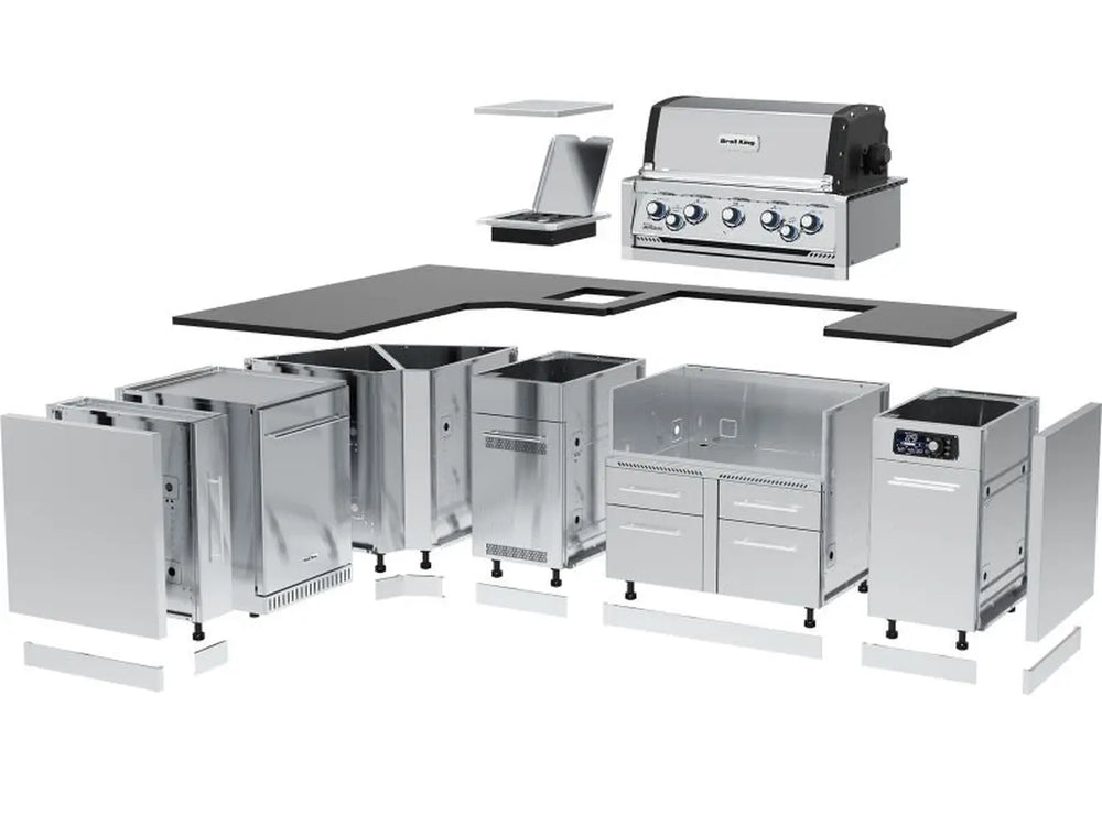 Deconstructed view of the Broil King Imperial QS 590iJ Smart Grill Island showing modular stainless steel cabinets, iQue control panel, built-in gas grill head, and premium black countertop components.