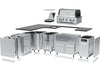 Deconstructed view of the Broil King Imperial QS 590iJ Smart Grill Island showing modular stainless steel cabinets, iQue control panel, built-in gas grill head, and premium black countertop components.