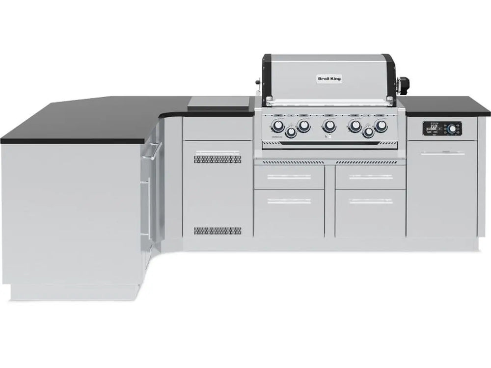 Front-facing view of the Broil King Imperial QS 590iJ Smart Grill Island with stainless steel storage drawers, iQue digital controller, and professional-grade gas grill.