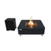 Elementi OFP101BB porcelain fire pit table with matching external propane tank cover and gas hose connection.