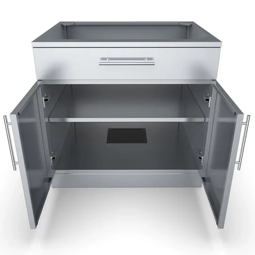 Interior view of Sunstone SBC36CDD cabinet showing the adjustable internal shelf and floor utility access.