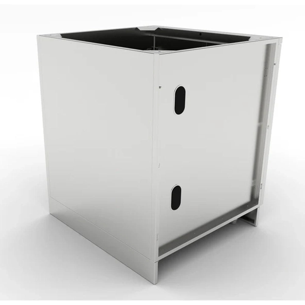 Rear angled view of the Sunstone 30-inch double door base cabinet showing the enclosed back panel and professional-grade stainless steel construction for outdoor kitchens.