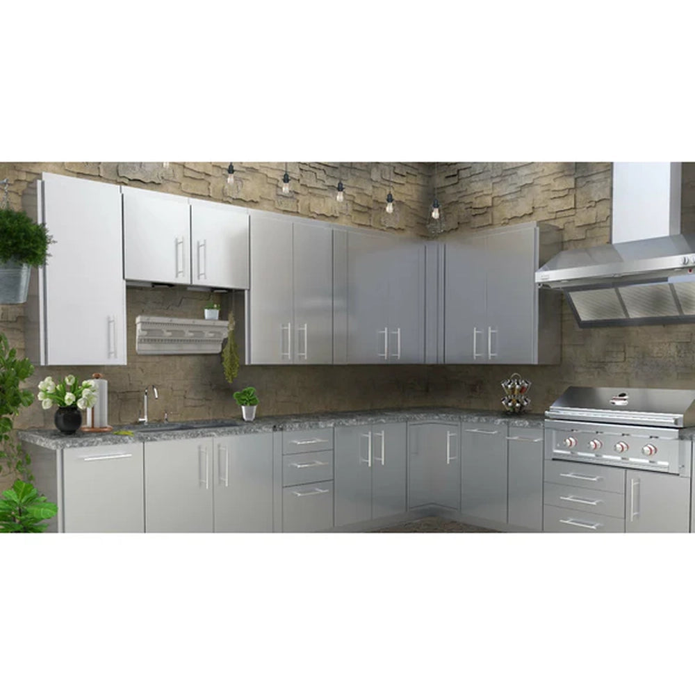 Sunstone SWC18FSDL 18-inch full height wall cabinet installed in a modern outdoor kitchen with matching stainless steel cabinetry.