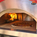 Pizza baking inside WPPO Traditional 25 dual fuel pizza oven with gas flame, stone cooking deck, crisp crust, and arched oven chamber.