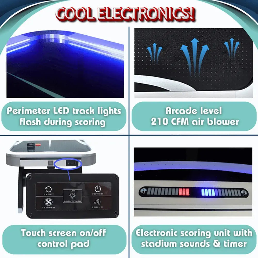 Freetime Fun Slap Shot Air Hockey: 210 CFM blower, touch screen controls, LED scoring unit, and perimeter track lights