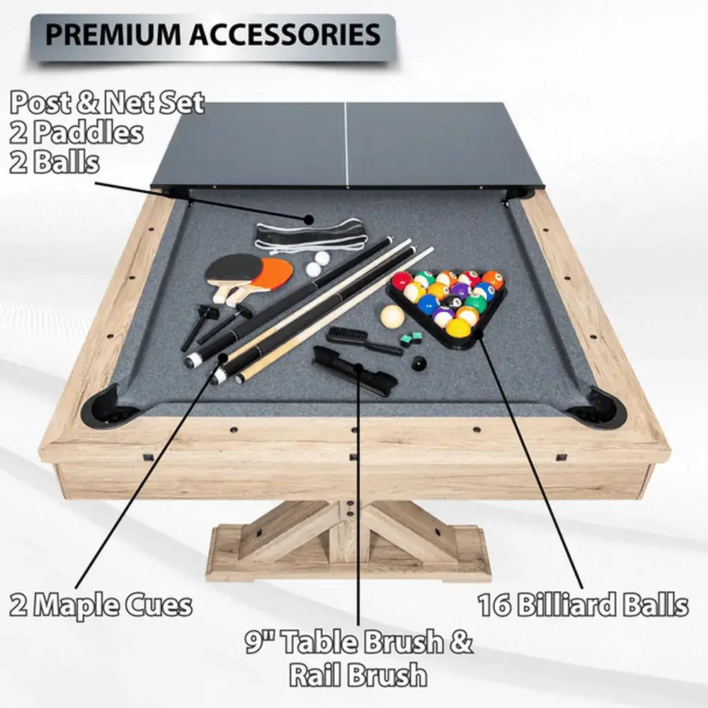 Premium accessories for Freetime Fun Rockford Multi-Game Table: Maple cues, billiard balls, post & net set, paddles, brush