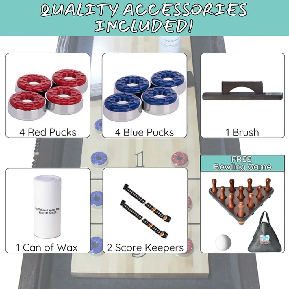 Quality accessories included with the Freetime Fun Shuffleboard: 4 red and 4 blue pucks, brush, wax, score keepers, and a free bowling game set.