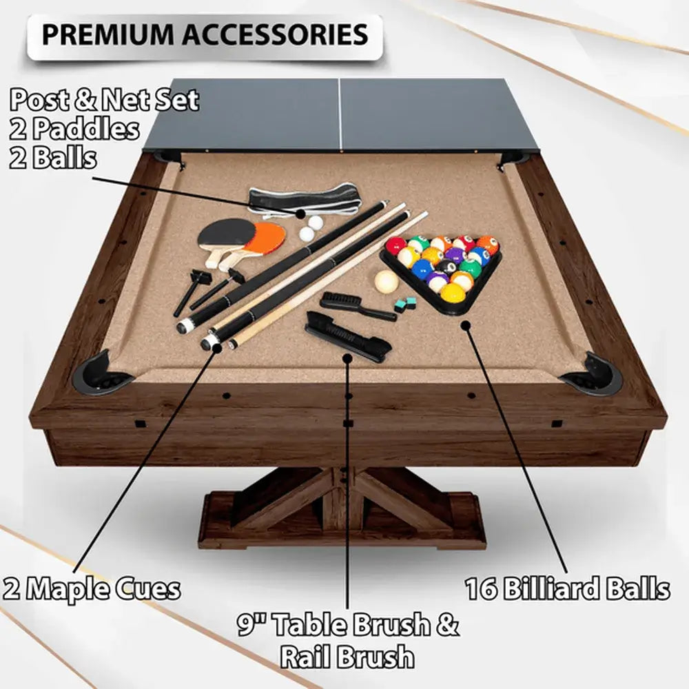 Premium accessories for Freetime Fun Rockford 7ft Table: 16 billiard balls, 2 Maple cues, post & net set, paddles, brushes