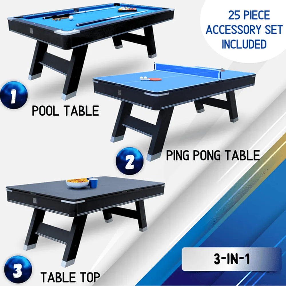 Graphic illustrating the 3-in-1 functions of the Freetime Fun Sports 7' table: Pool Table, Ping Pong Table, and Table Top for dining or utility.