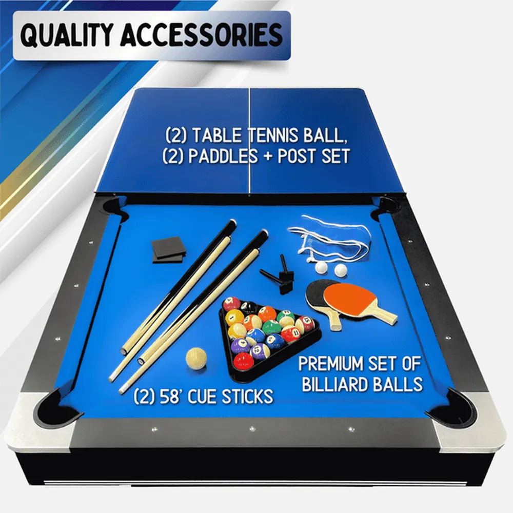 Quality accessories included with the Freetime Fun Sports 7' Pool Table: cue sticks, premium billiard balls, and full table tennis set.