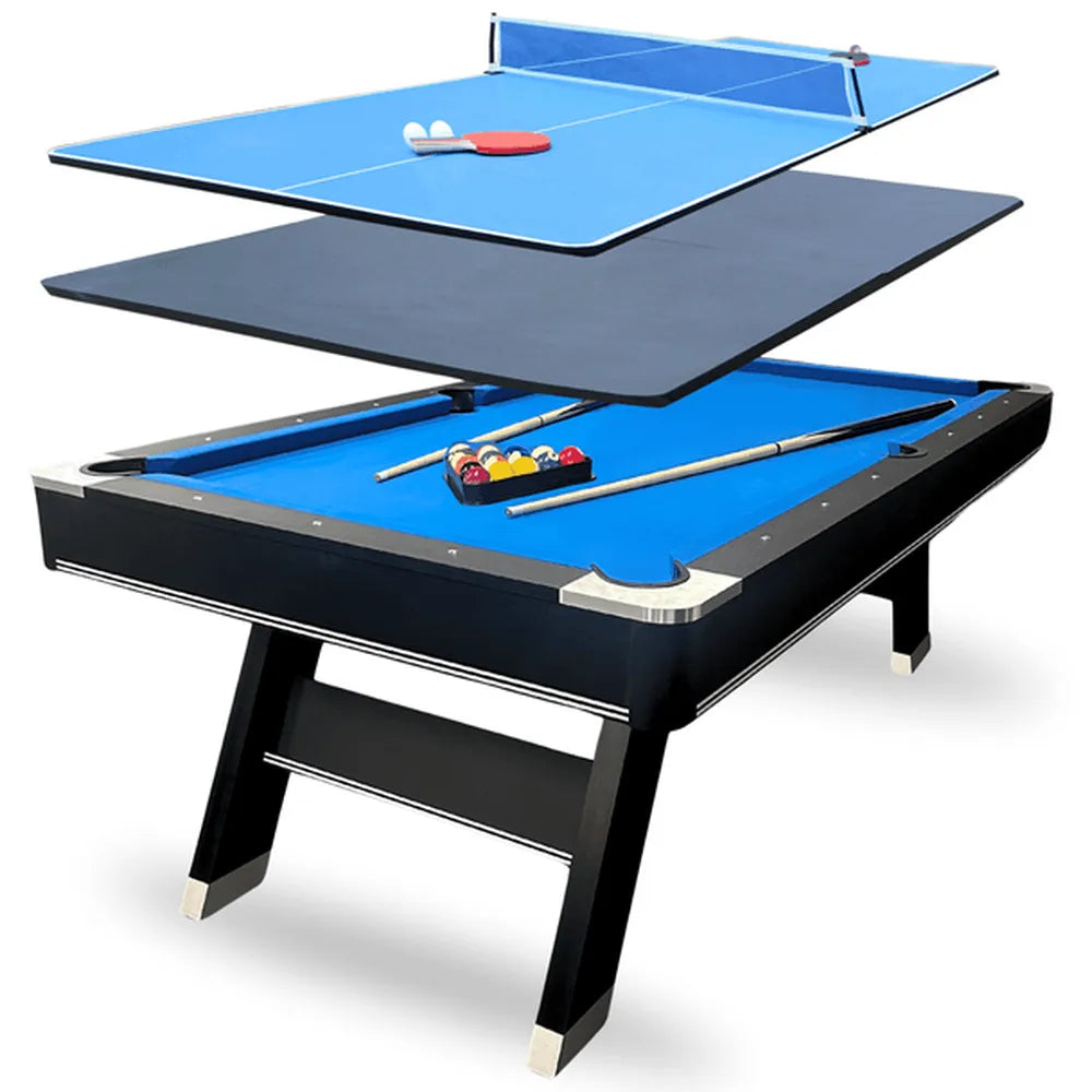 Freetime Fun Sports 7' Pool Table with blue felt, showing the convertible Dining and Ping-Pong tops floating above the table base.