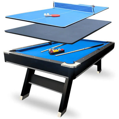 Freetime Fun Sports 7' Pool Table with blue felt, showing the convertible Dining and Ping-Pong tops floating above the table base.