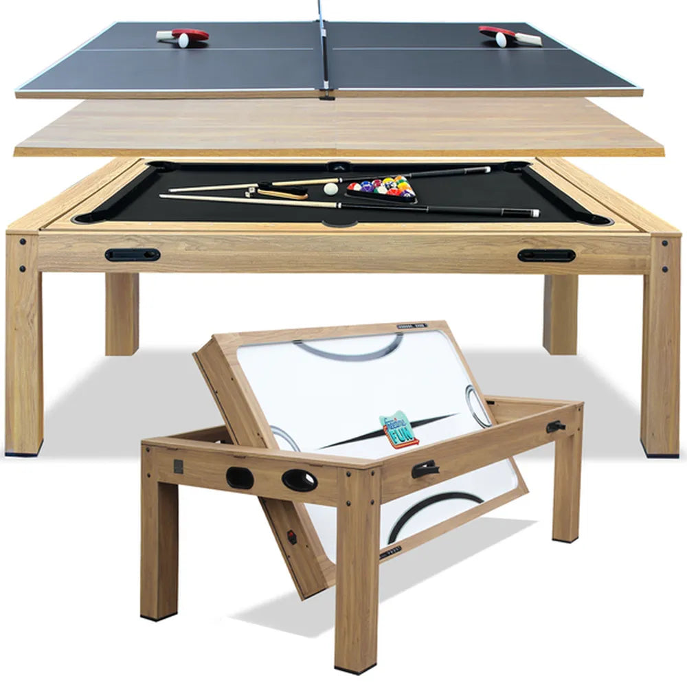 Freetime Fun 4-in-1 multi-game table with swivel design, showing disassembled layers for billiards, ping pong, and air hockey setups.
