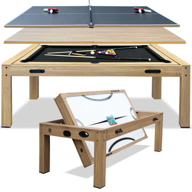 Freetime Fun 4-in-1 multi-game table with swivel design, showing disassembled layers for billiards, ping pong, and air hockey setups.