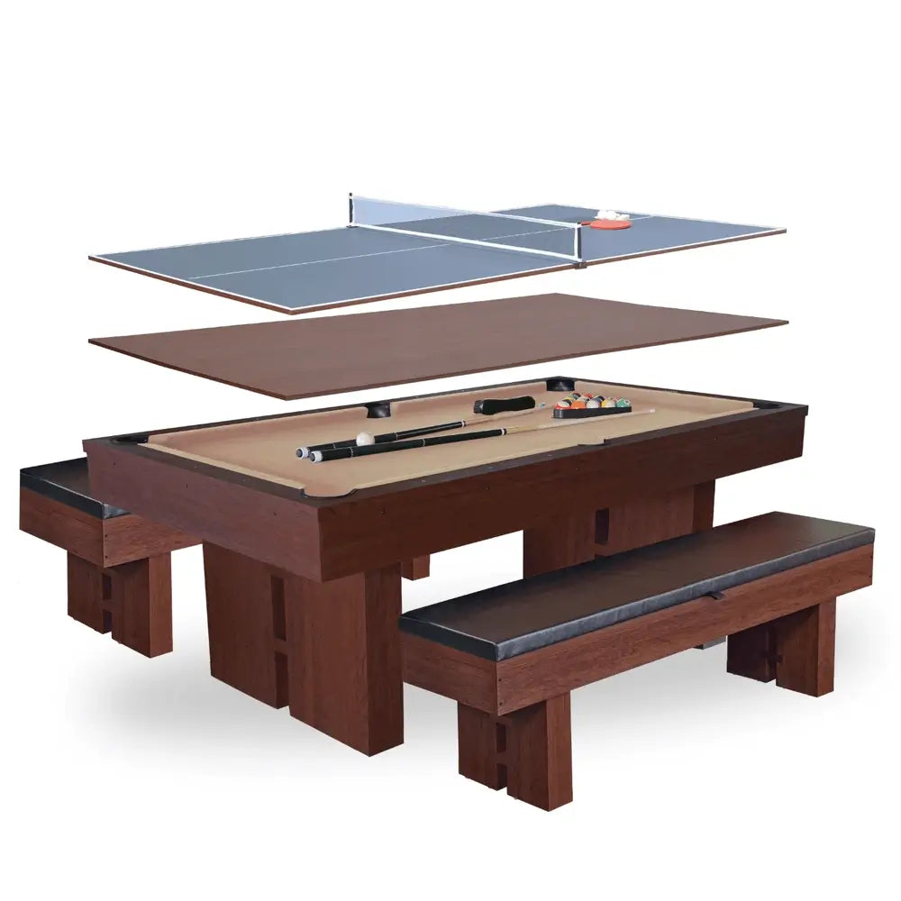 Exploded view of the Freetime Fun Westwood 7' Multi-Game Table in Espresso, showcasing the layered setup for a table tennis top, dining table cover, tan felt billiard pool table, and two matching cushioned storage benches.